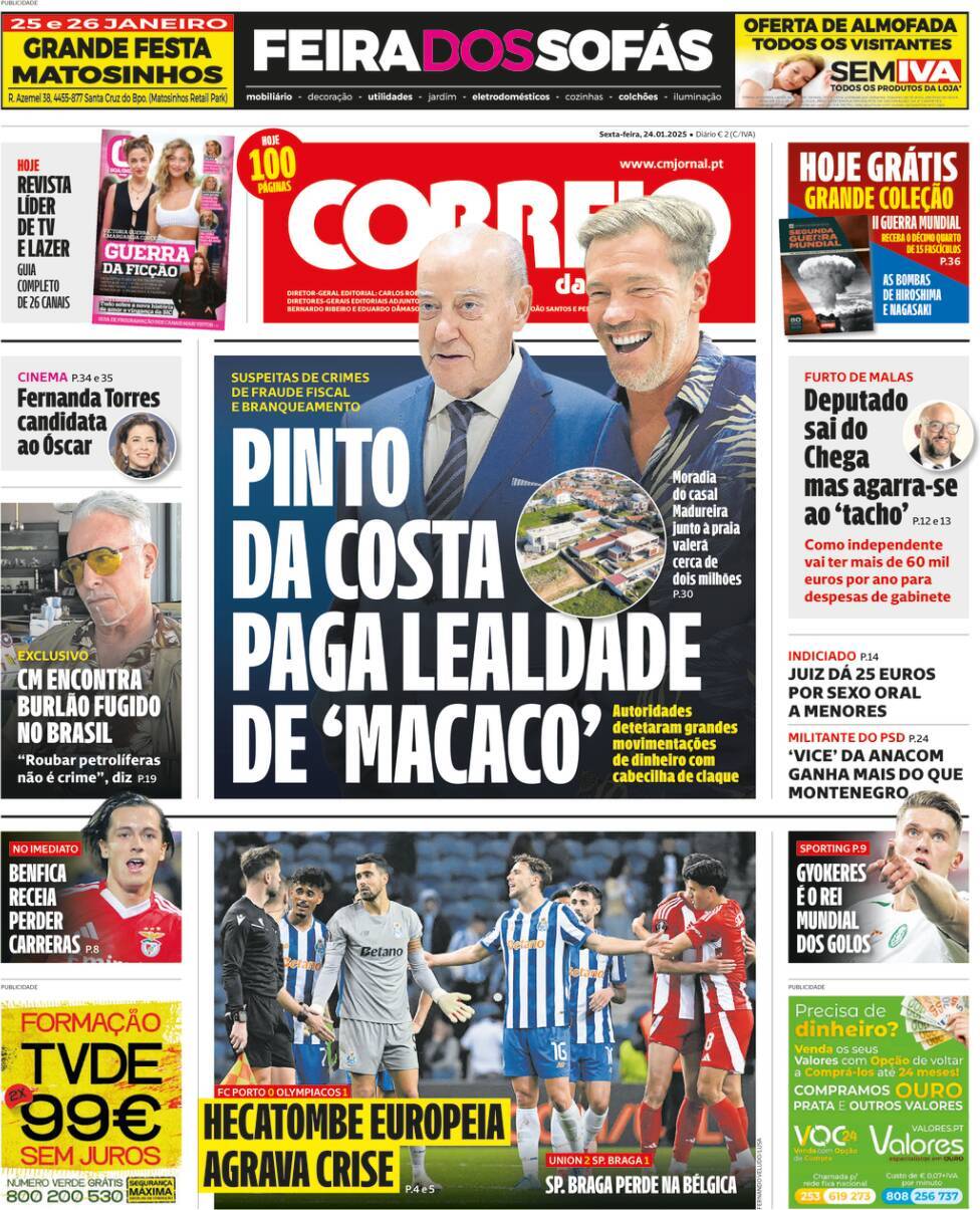 Correio da Manh&atilde;: Capa da Edi&ccedil;&atilde;o de sexta-feira, 24 de janeiro 2025