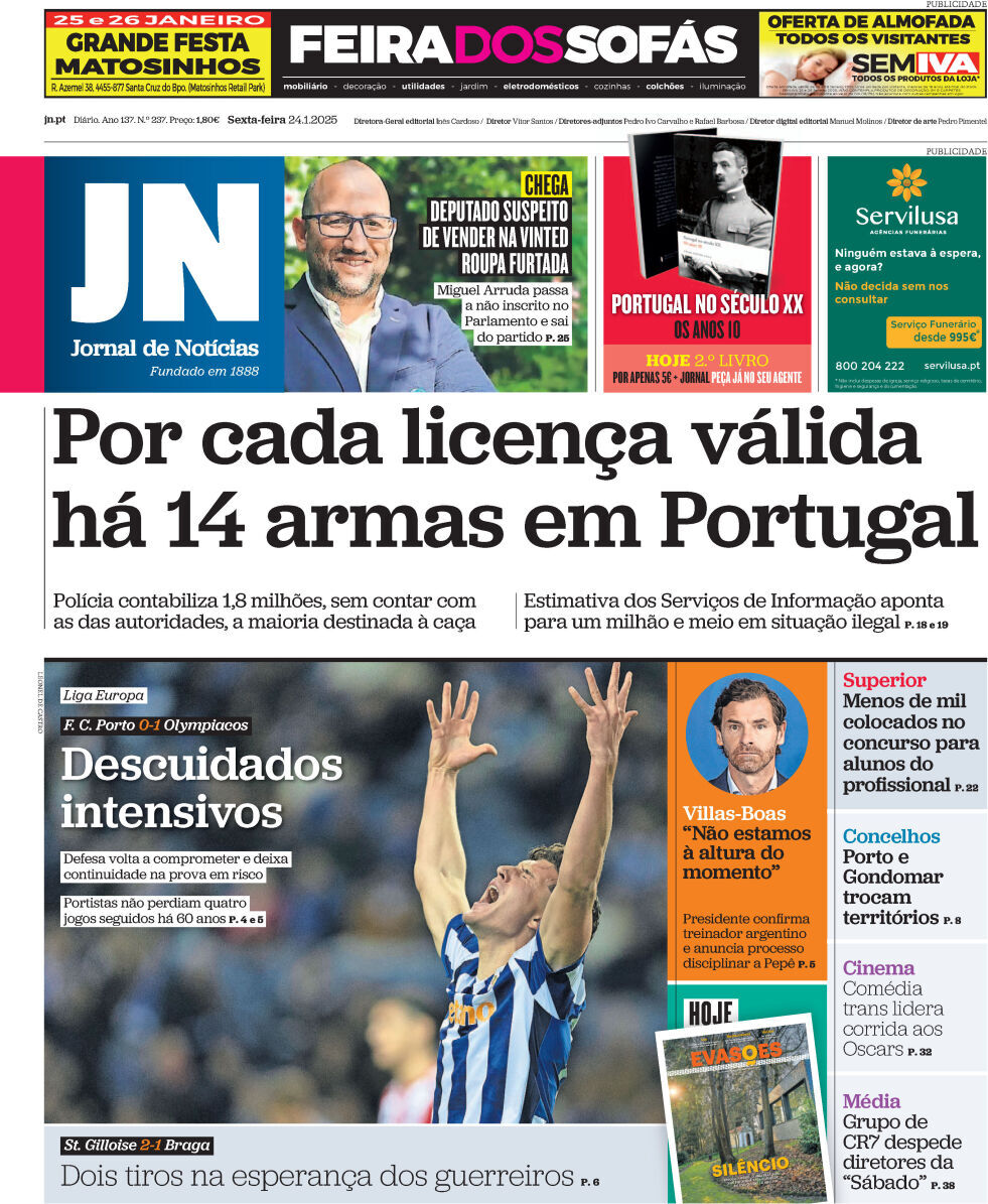 Jornal de Not&iacute;cias: Capa da Edi&ccedil;&atilde;o de sexta-feira, 24 de janeiro 2025