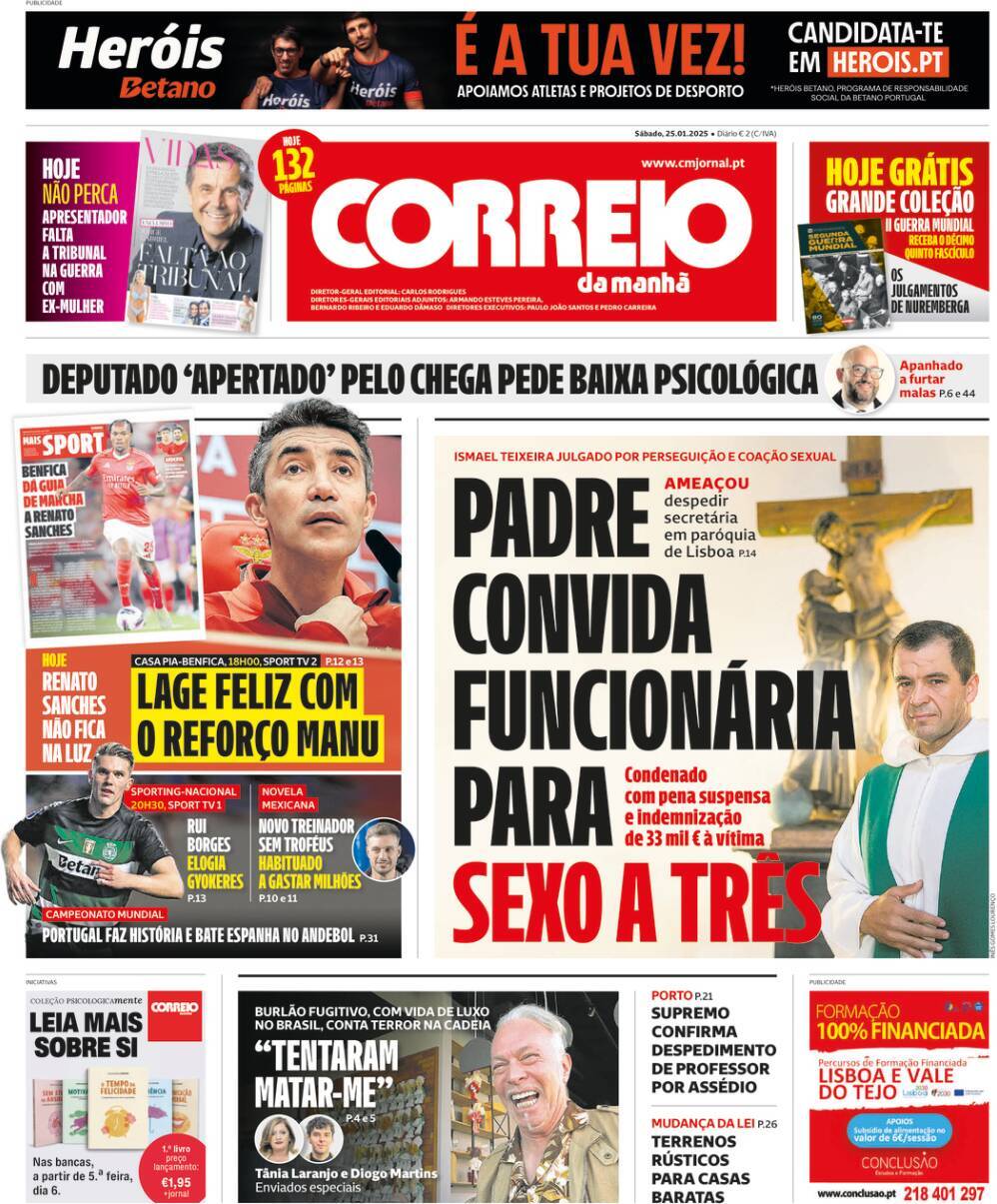 Correio da Manh&atilde;: Capa da Edi&ccedil;&atilde;o de s&aacute;bado, 25 de janeiro 2025