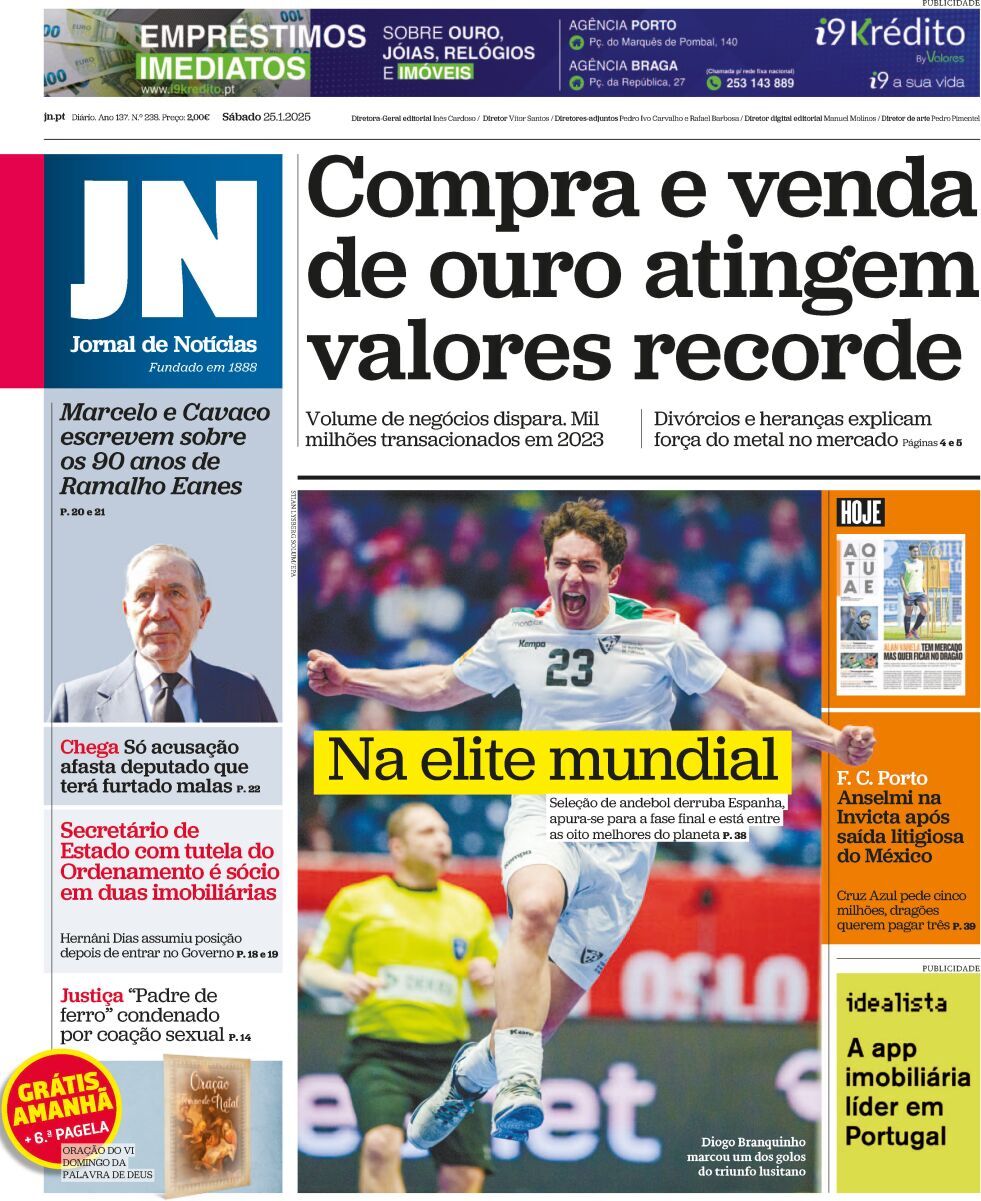 Jornal de Not&iacute;cias: Capa da Edi&ccedil;&atilde;o de s&aacute;bado, 25 de janeiro 2025