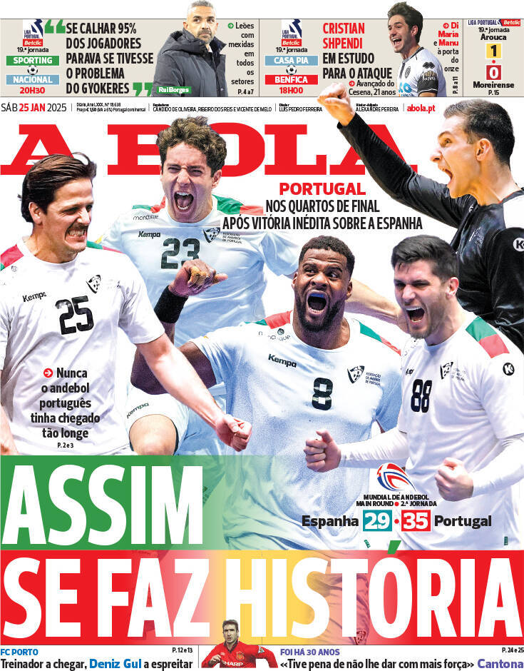 A Bola: Capa da Edi&ccedil;&atilde;o de s&aacute;bado, 25 de janeiro 2025