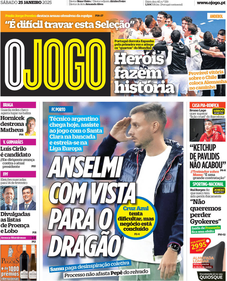 O Jogo: Capa da Edi&ccedil;&atilde;o de s&aacute;bado, 25 de janeiro 2025