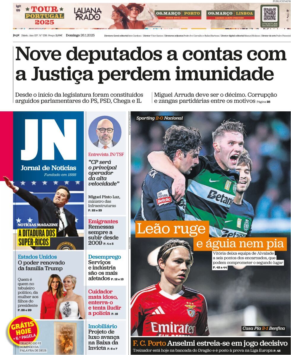 Jornal de Not&iacute;cias: Capa da Edi&ccedil;&atilde;o de domingo, 26 de janeiro 2025