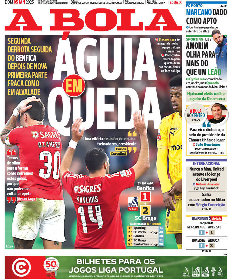 A Bola: Capa da Edi&ccedil;&atilde;o de domingo, 05 de janeiro 2025