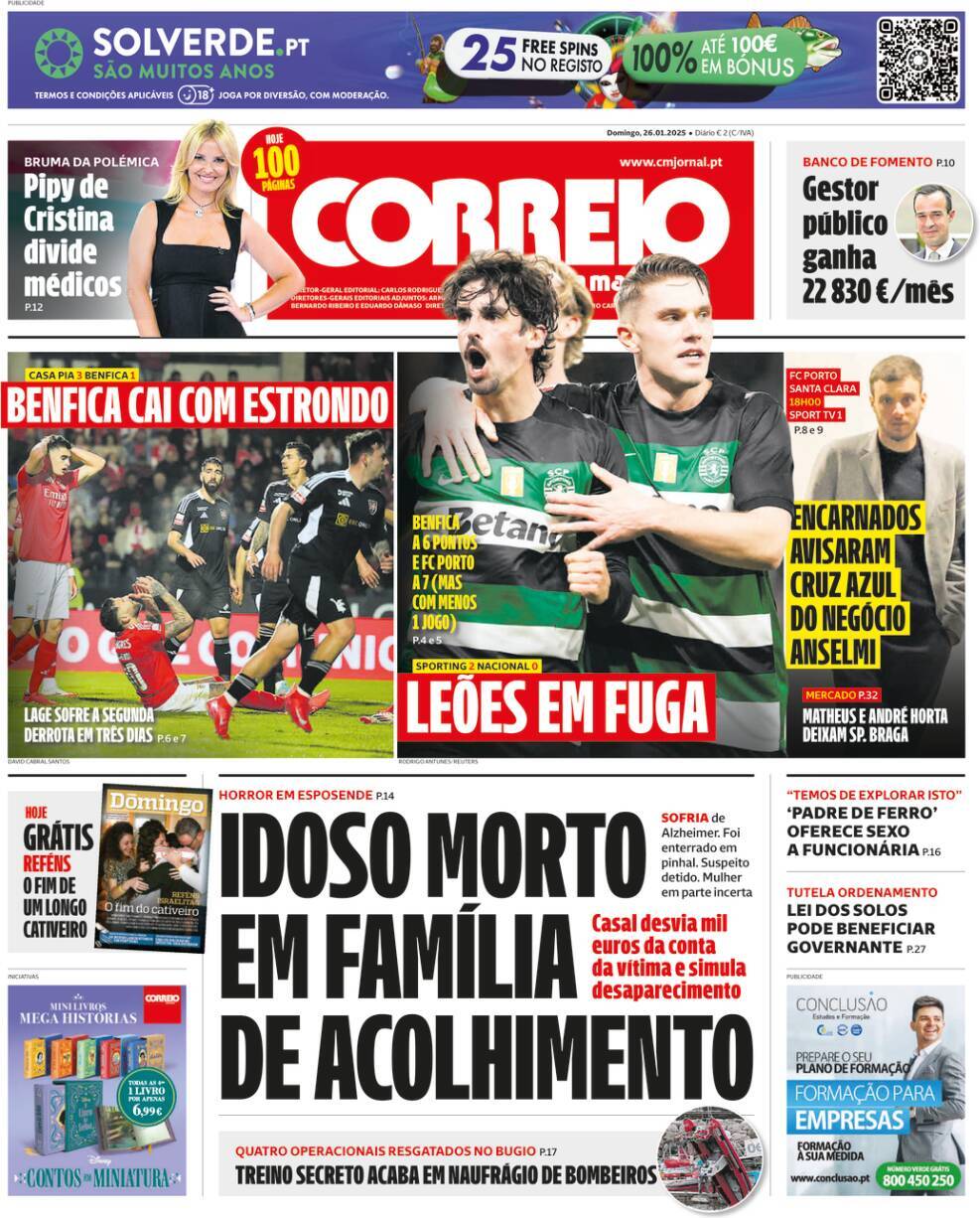 Correio da Manh&atilde;: Capa da Edi&ccedil;&atilde;o de domingo, 26 de janeiro 2025