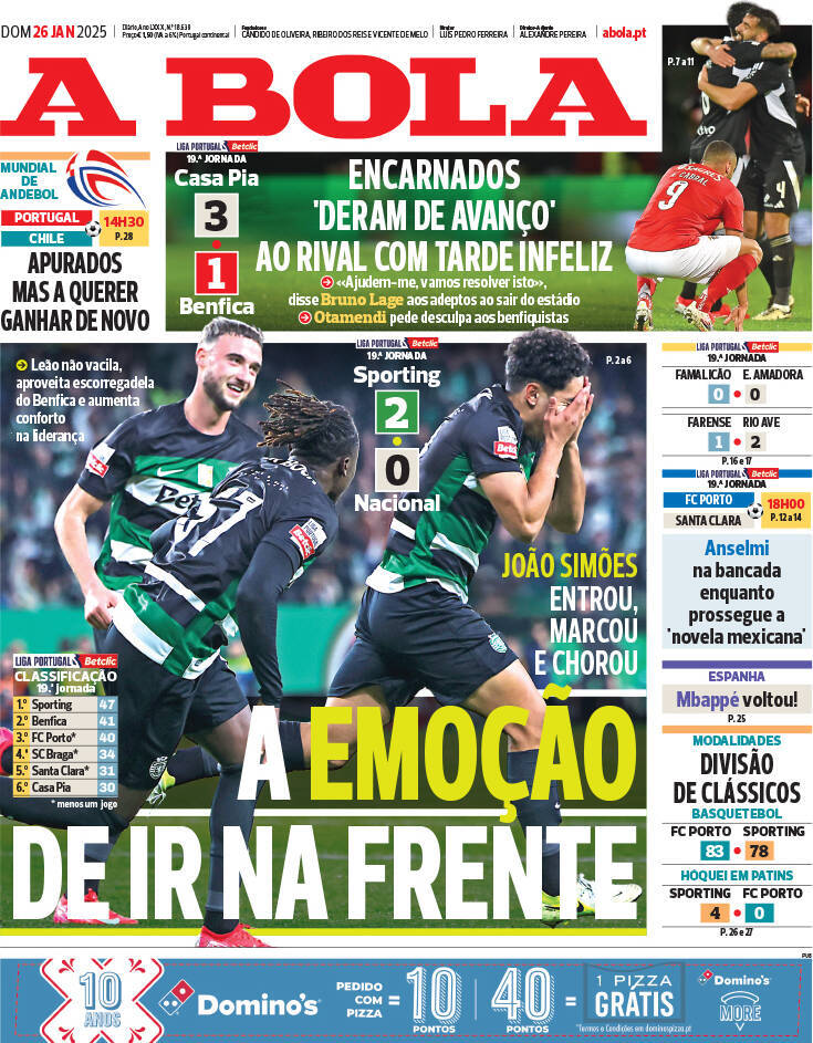 A Bola: Capa da Edi&ccedil;&atilde;o de domingo, 26 de janeiro 2025