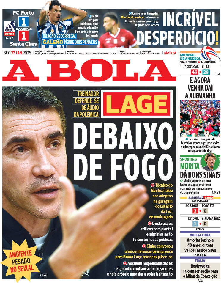 A Bola: Capa da Edi&ccedil;&atilde;o de segunda-feira, 27 de janeiro 2025