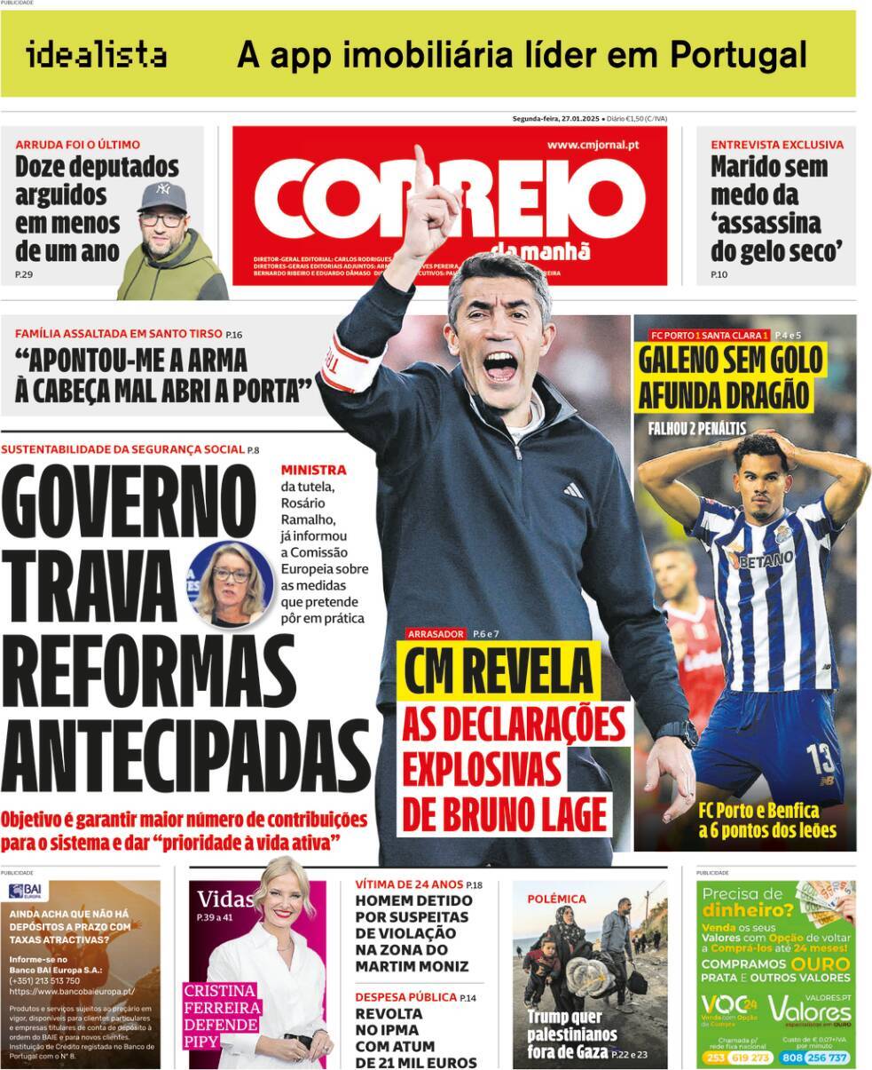 Correio da Manh&atilde;: Capa da Edi&ccedil;&atilde;o de segunda-feira, 27 de janeiro 2025