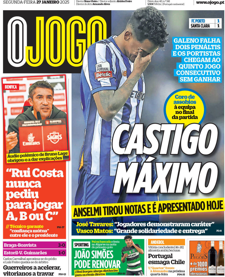 O Jogo: Capa da Edi&ccedil;&atilde;o de segunda-feira, 27 de janeiro 2025