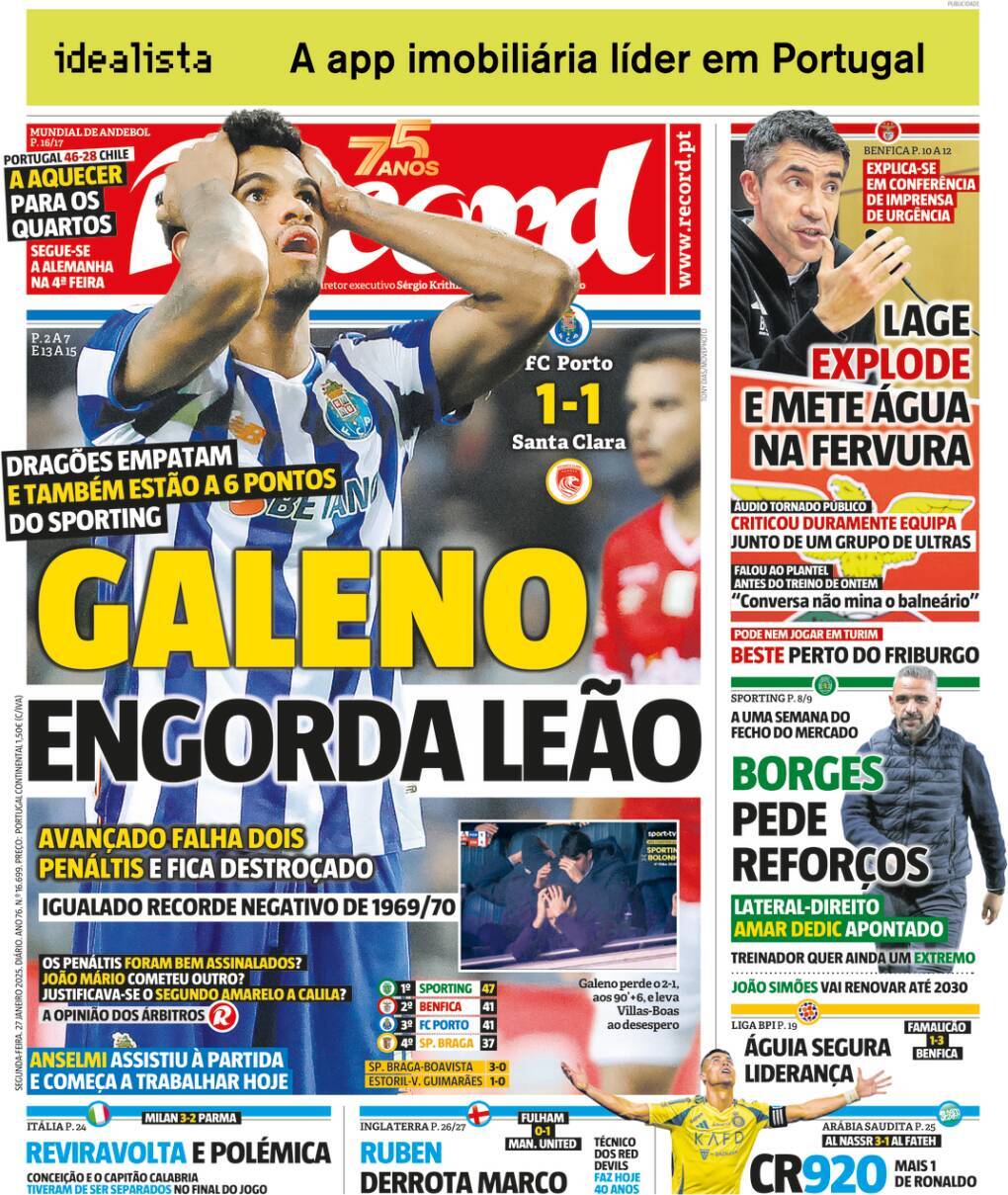 Record: Capa da Edi&ccedil;&atilde;o de segunda-feira, 27 de janeiro 2025