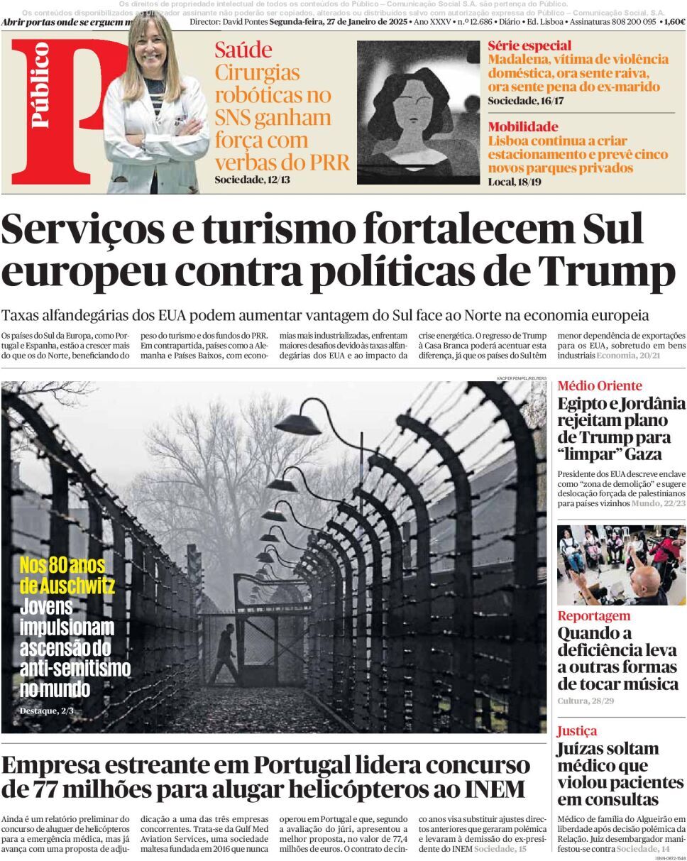 P&uacute;blico: Capa da Edi&ccedil;&atilde;o de segunda-feira, 27 de janeiro 2025