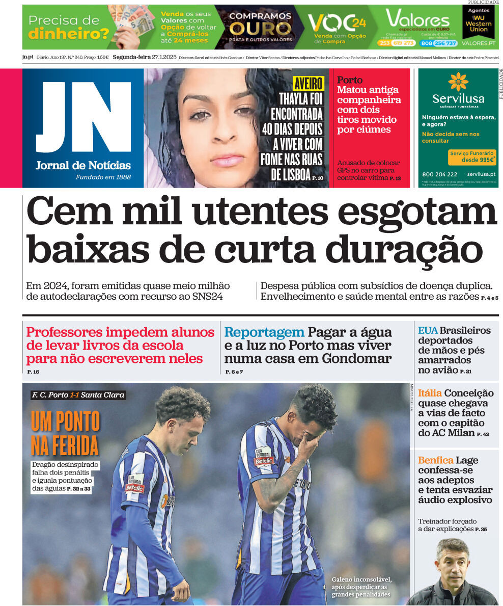 Jornal de Not&iacute;cias: Capa da Edi&ccedil;&atilde;o de segunda-feira, 27 de janeiro 2025