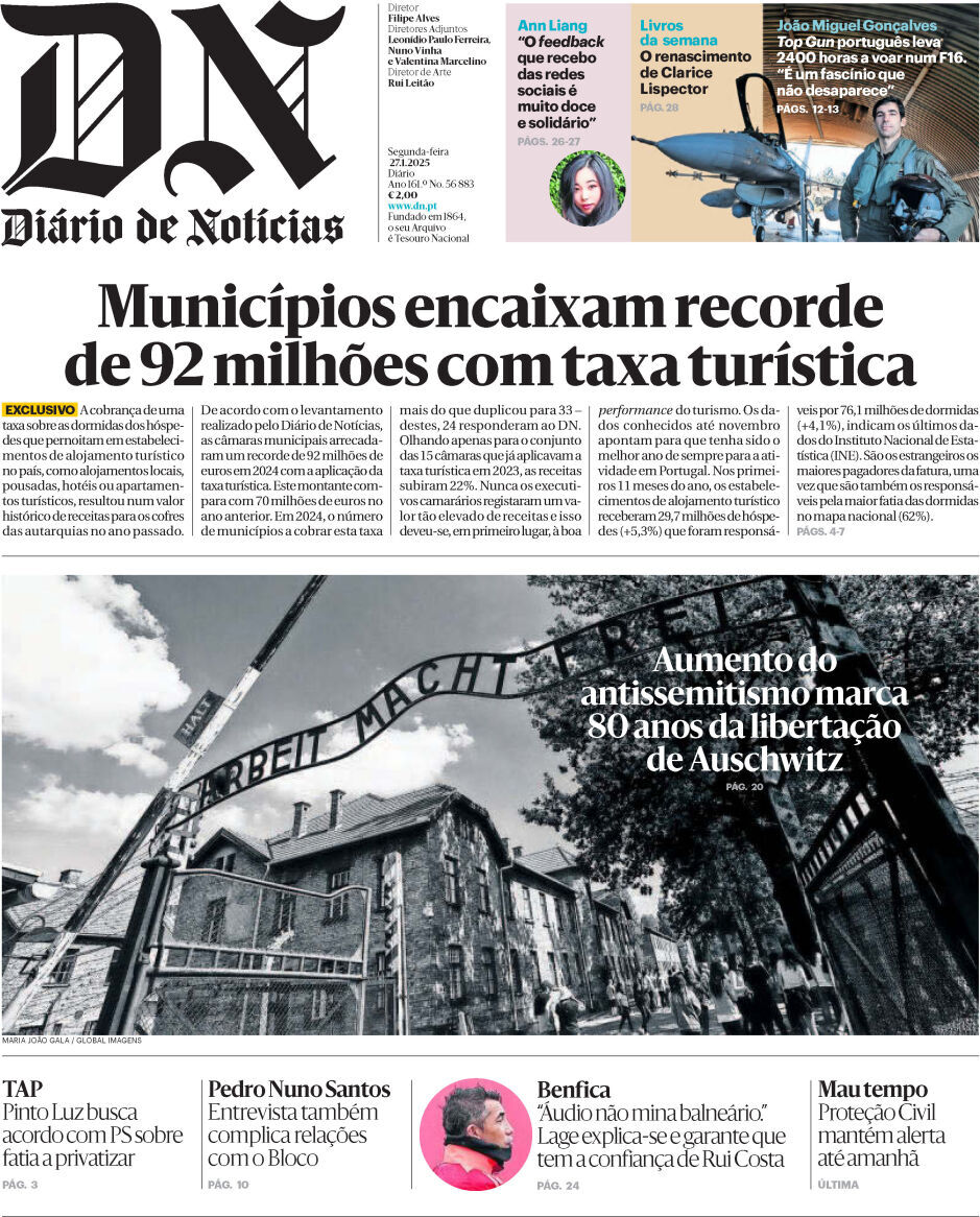 Di&aacute;rio de Not&iacute;cias: Capa da Edi&ccedil;&atilde;o de segunda-feira, 27 de janeiro 2025