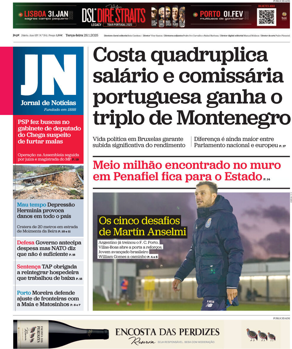 Jornal de Not&iacute;cias: Capa da Edi&ccedil;&atilde;o de ter&ccedil;a-feira, 28 de janeiro 2025