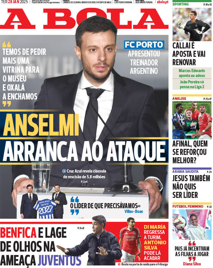 A Bola: Capa da Edi&ccedil;&atilde;o de ter&ccedil;a-feira, 28 de janeiro 2025