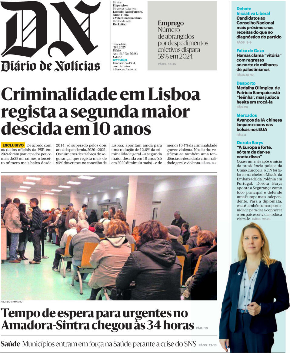 Di&aacute;rio de Not&iacute;cias: Capa da Edi&ccedil;&atilde;o de ter&ccedil;a-feira, 28 de janeiro 2025