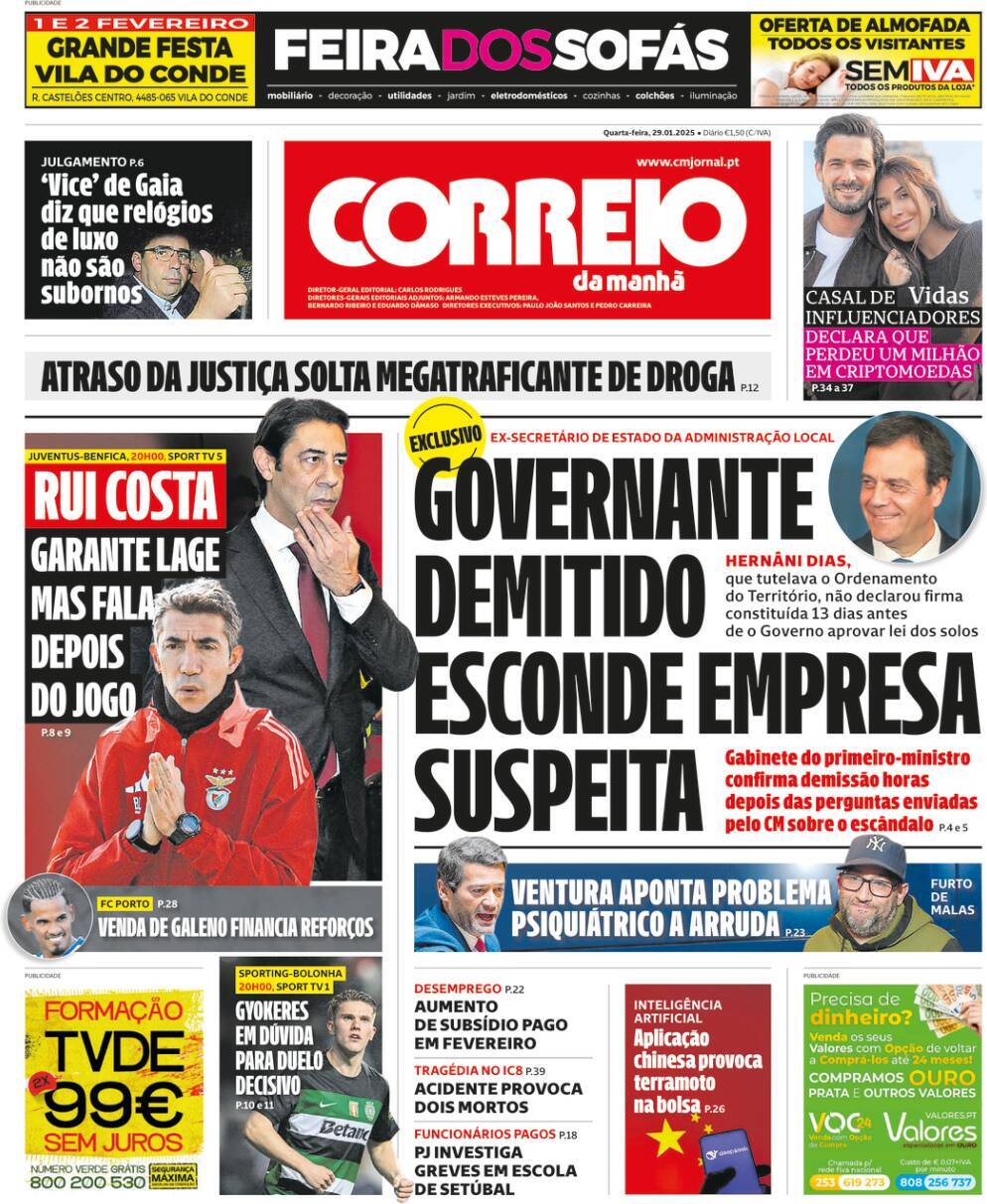 Correio da Manh&atilde;: Capa da Edi&ccedil;&atilde;o de quarta-feira, 29 de janeiro 2025
