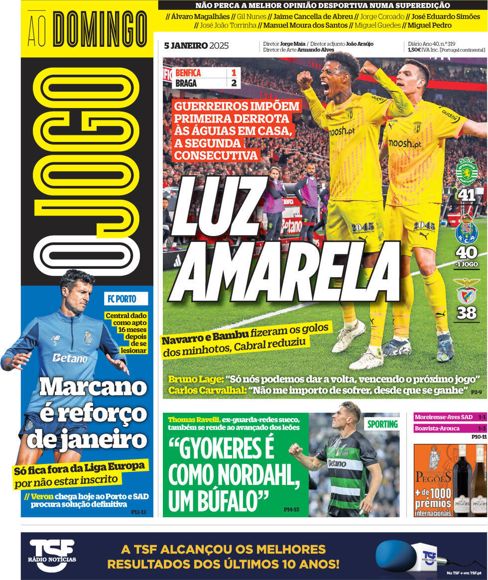 O Jogo: Capa da Edi&ccedil;&atilde;o de domingo, 05 de janeiro 2025
