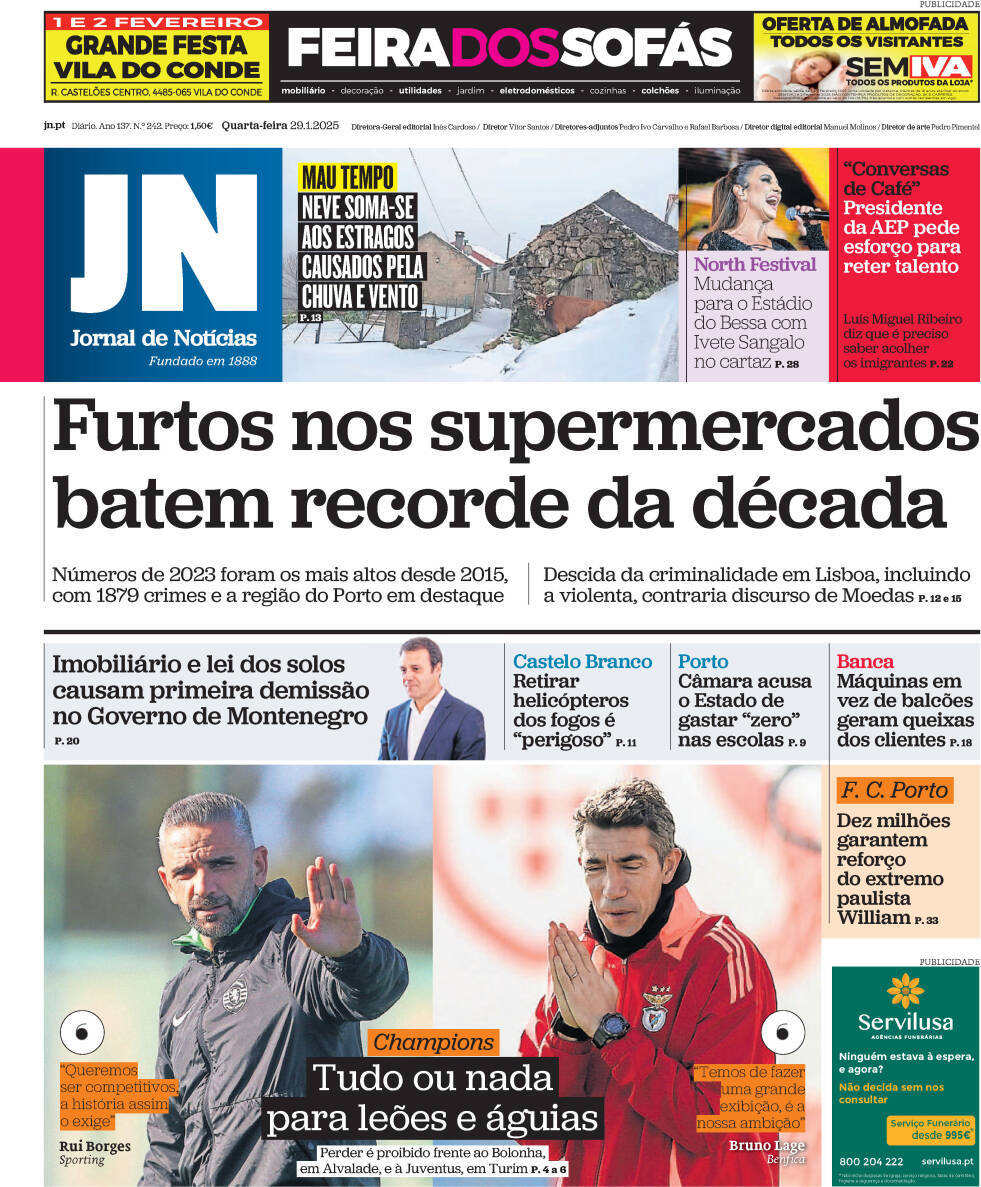 Jornal de Not&iacute;cias: Capa da Edi&ccedil;&atilde;o de quarta-feira, 29 de janeiro 2025