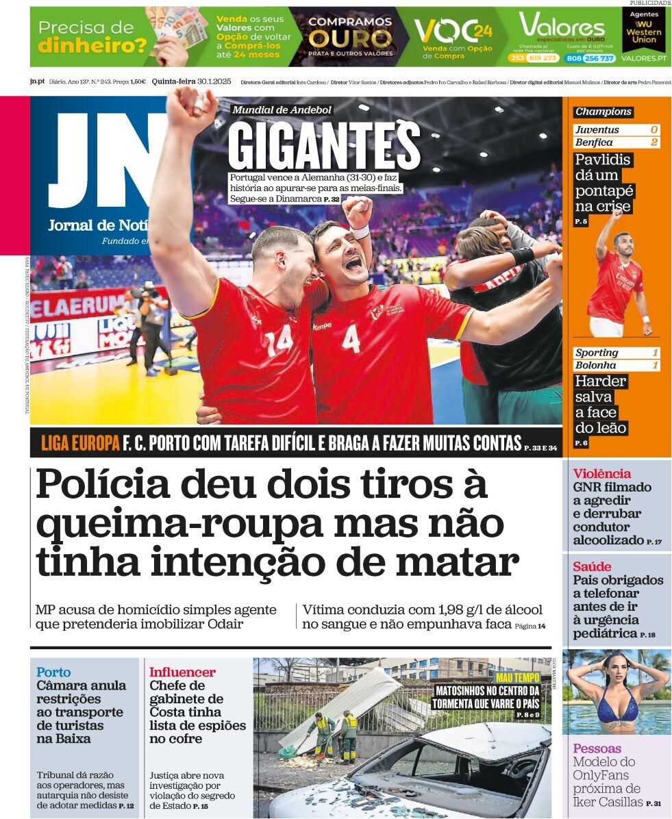 Jornal de Not&iacute;cias: Capa da Edi&ccedil;&atilde;o de quinta-feira, 30 de janeiro 2025