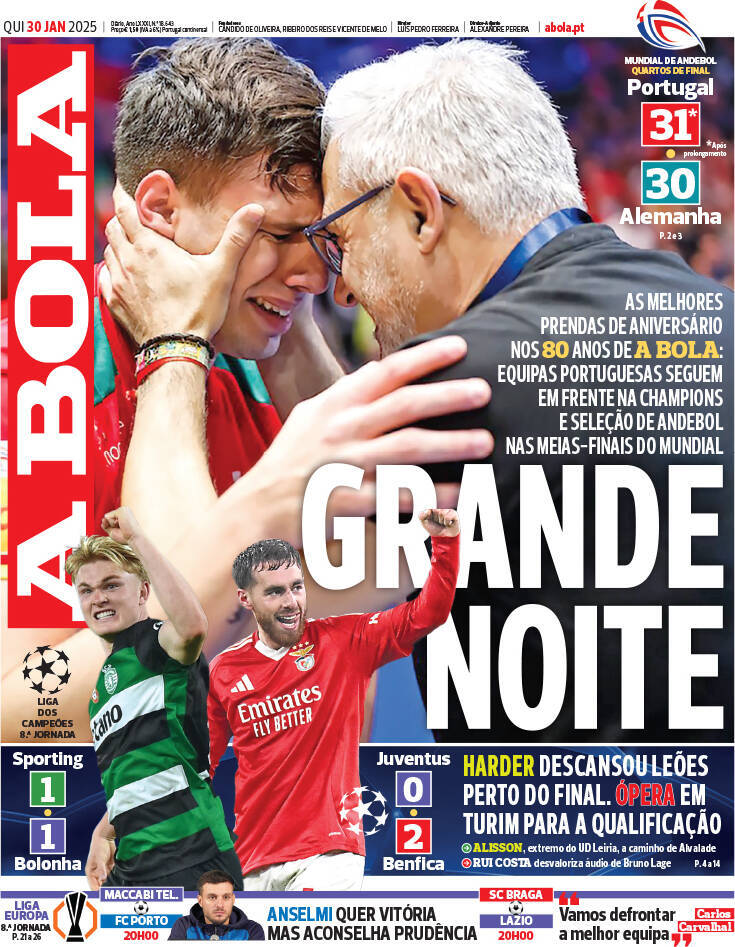 A Bola: Capa da Edi&ccedil;&atilde;o de quinta-feira, 30 de janeiro 2025