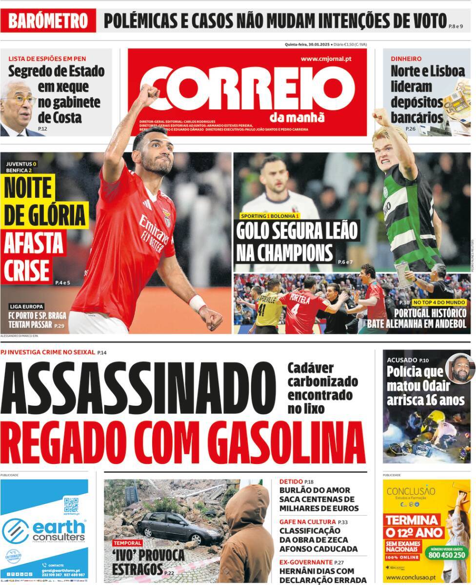 Correio da Manh&atilde;: Capa da Edi&ccedil;&atilde;o de quinta-feira, 30 de janeiro 2025