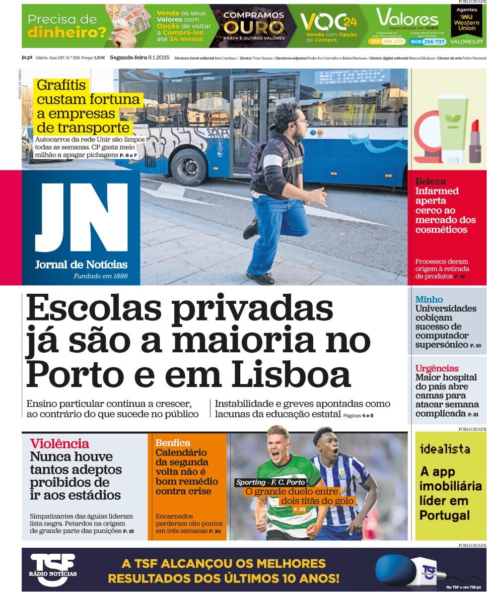 Jornal de Not&iacute;cias: Capa da Edi&ccedil;&atilde;o de segunda-feira, 06 de janeiro 2025