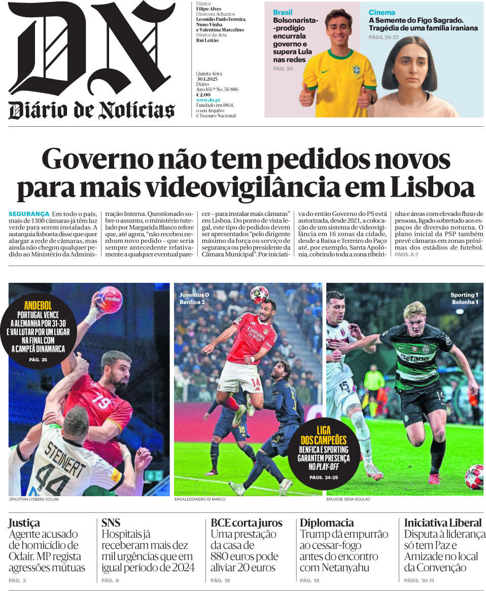 Di&aacute;rio de Not&iacute;cias: Capa da Edi&ccedil;&atilde;o de quinta-feira, 30 de janeiro 2025