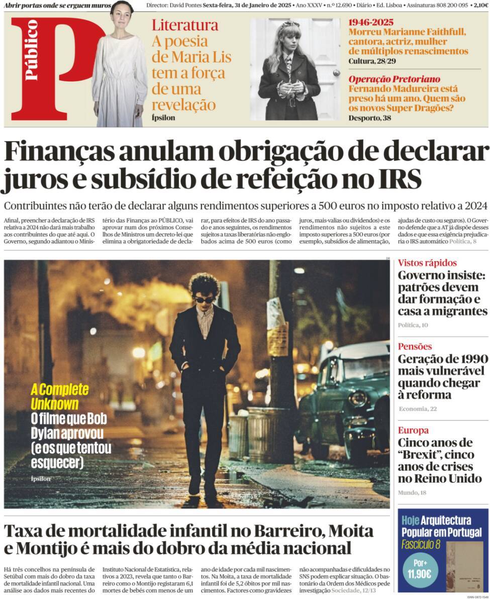 P&uacute;blico: Capa da Edi&ccedil;&atilde;o de sexta-feira, 31 de janeiro 2025