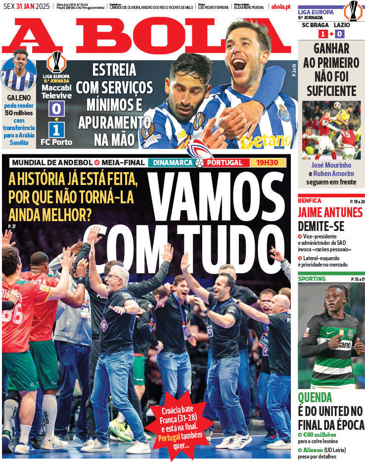 A Bola: Capa da Edi&ccedil;&atilde;o de sexta-feira, 31 de janeiro 2025