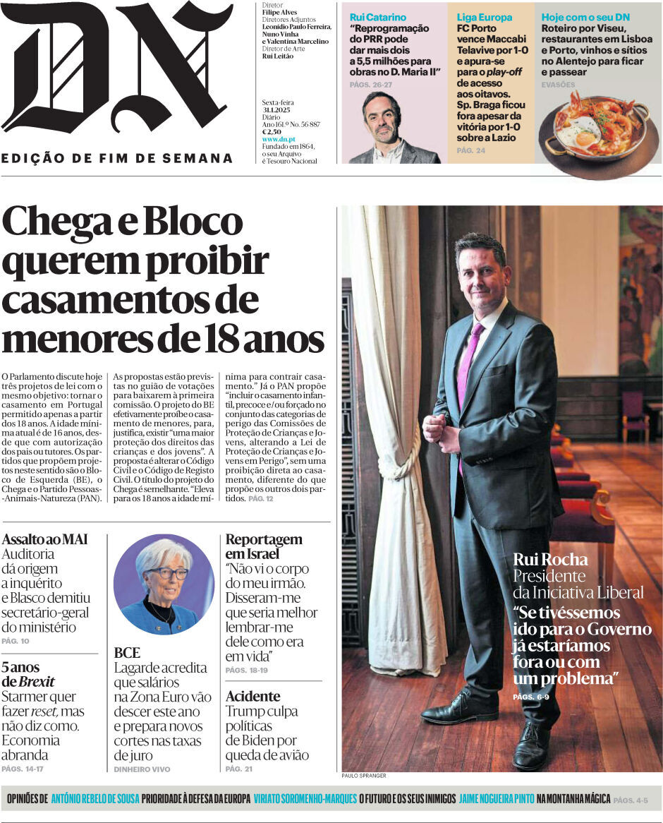 Di&aacute;rio de Not&iacute;cias: Capa da Edi&ccedil;&atilde;o de sexta-feira, 31 de janeiro 2025