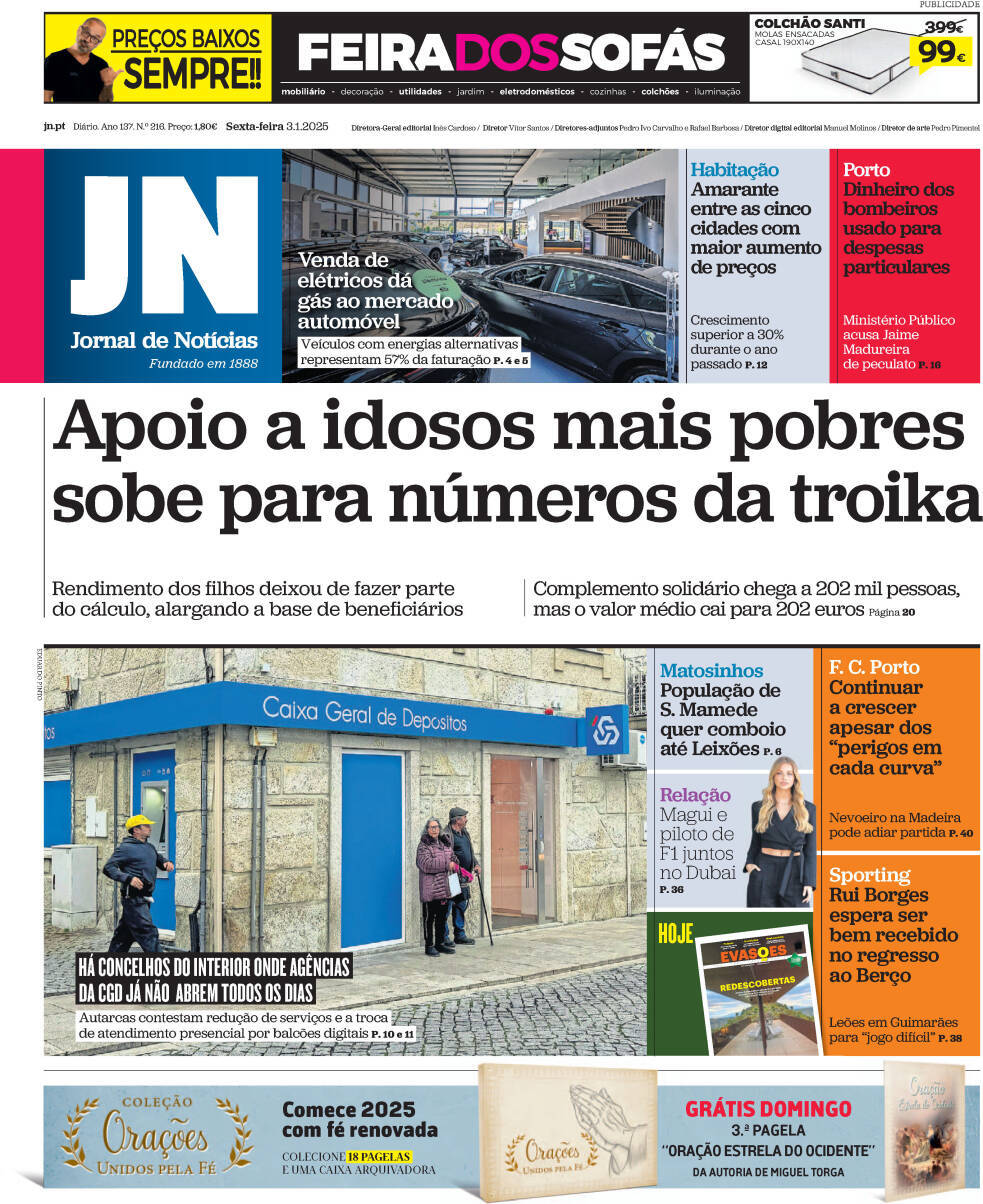 Jornal de Not&iacute;cias: Capa da Edi&ccedil;&atilde;o de sexta-feira, 03 de janeiro 2025
