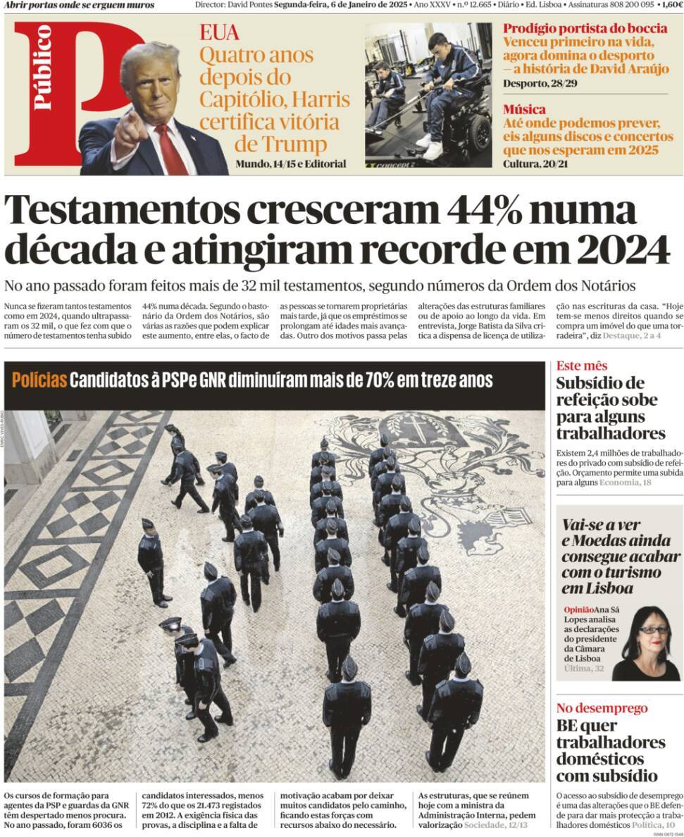 P&uacute;blico: Capa da Edi&ccedil;&atilde;o de segunda-feira, 06 de janeiro 2025