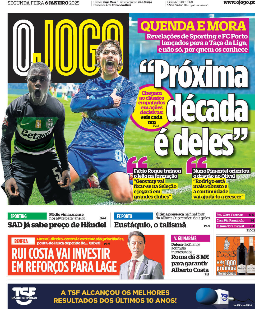 O Jogo: Capa da Edi&ccedil;&atilde;o de segunda-feira, 06 de janeiro 2025