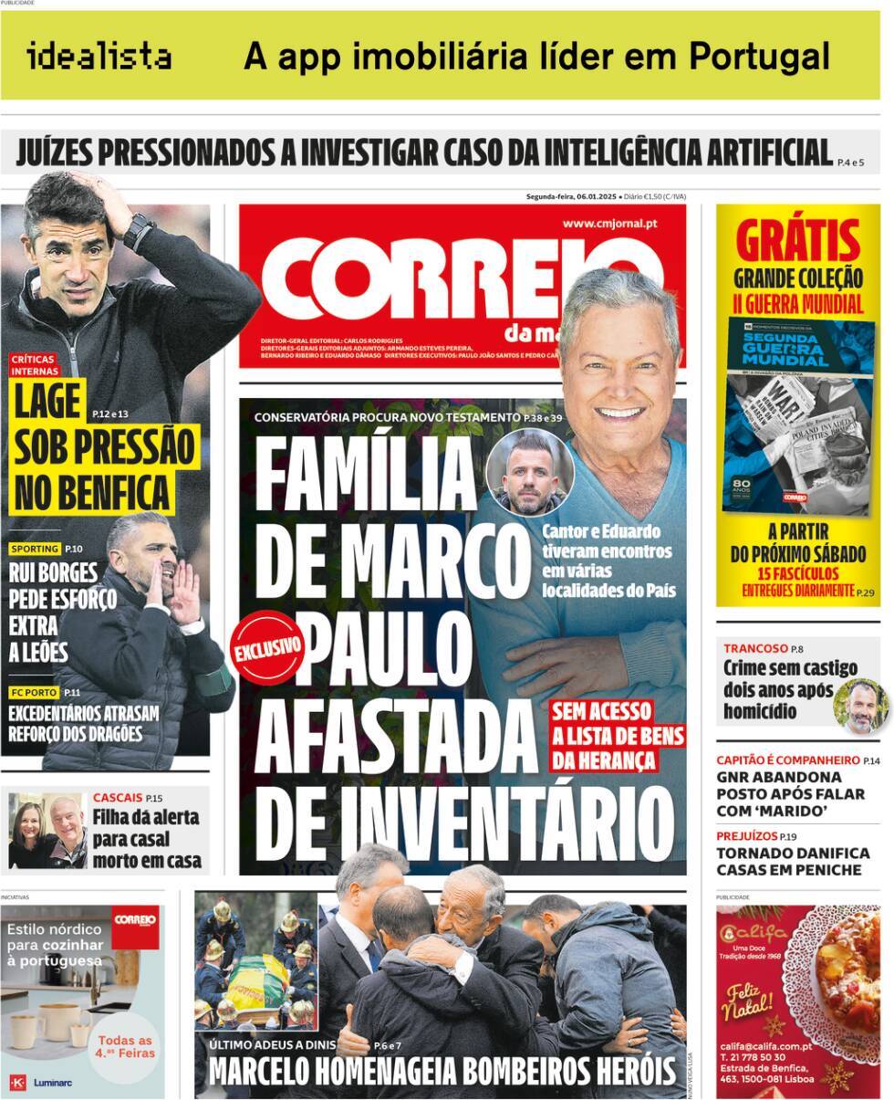 Correio da Manh&atilde;: Capa da Edi&ccedil;&atilde;o de segunda-feira, 06 de janeiro 2025
