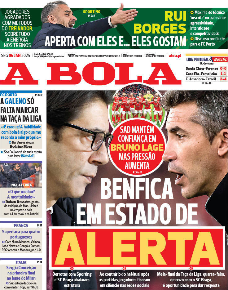 A Bola: Capa da Edi&ccedil;&atilde;o de segunda-feira, 06 de janeiro 2025