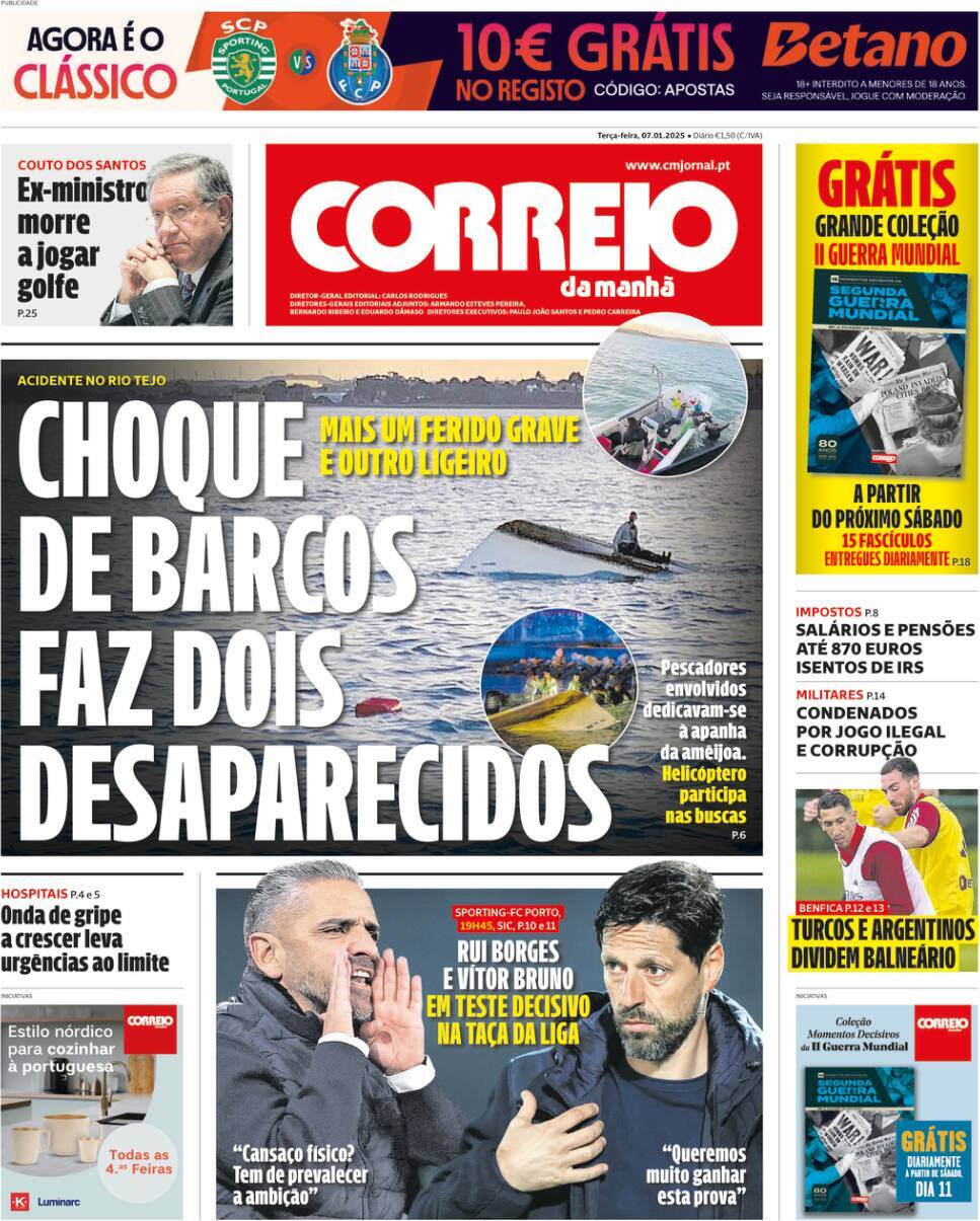 Correio da Manh&atilde;: Capa da Edi&ccedil;&atilde;o de ter&ccedil;a-feira, 07 de janeiro 2025