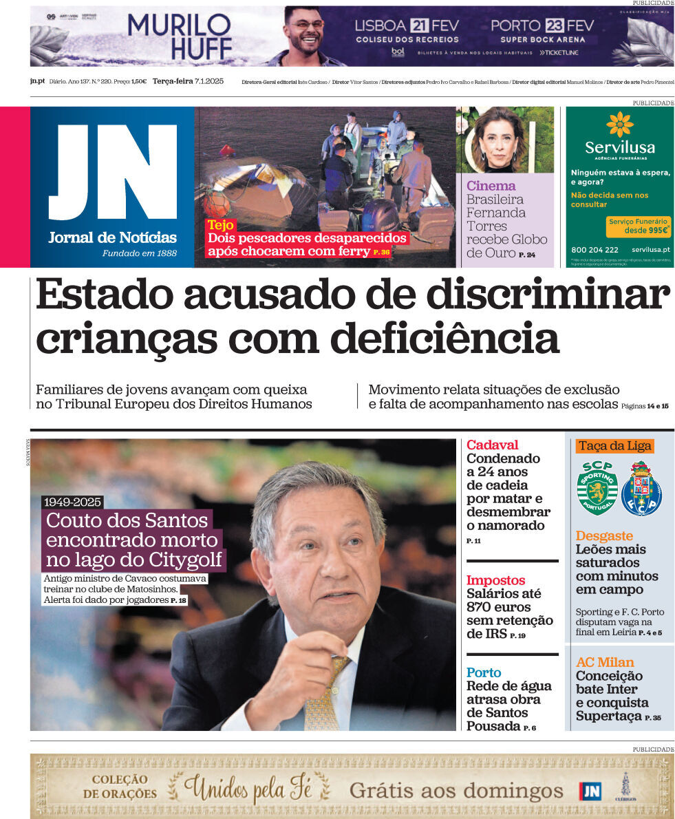 Jornal de Not&iacute;cias: Capa da Edi&ccedil;&atilde;o de ter&ccedil;a-feira, 07 de janeiro 2025