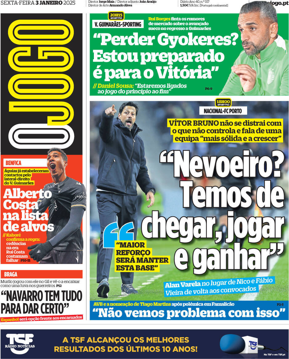 O Jogo: Capa da Edi&ccedil;&atilde;o de sexta-feira, 03 de janeiro 2025