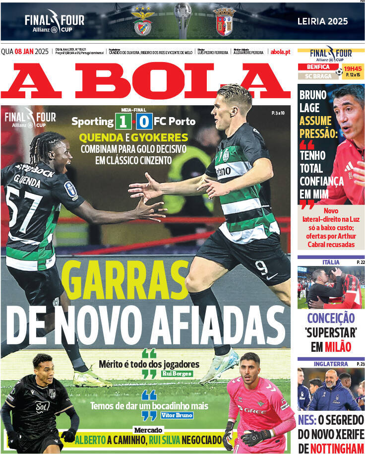 A Bola: Capa da Edi&ccedil;&atilde;o de quarta-feira, 08 de janeiro 2025