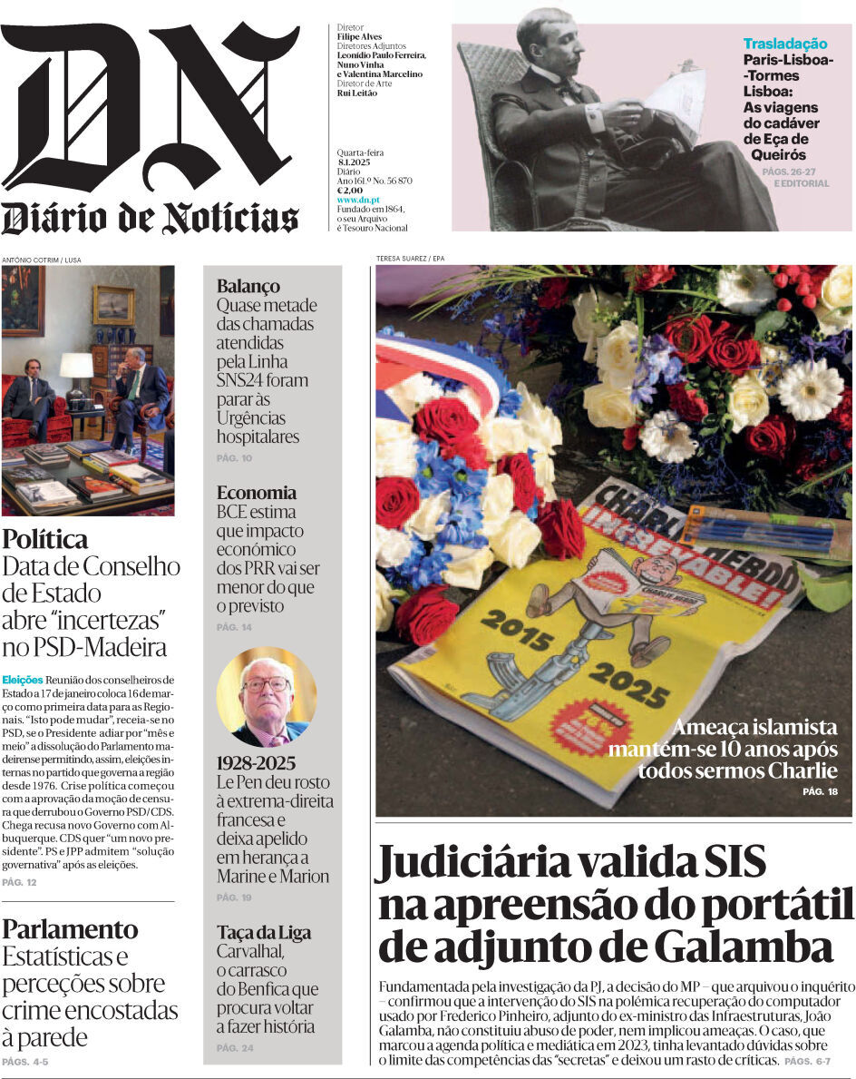 Di&aacute;rio de Not&iacute;cias: Capa da Edi&ccedil;&atilde;o de quarta-feira, 08 de janeiro 2025