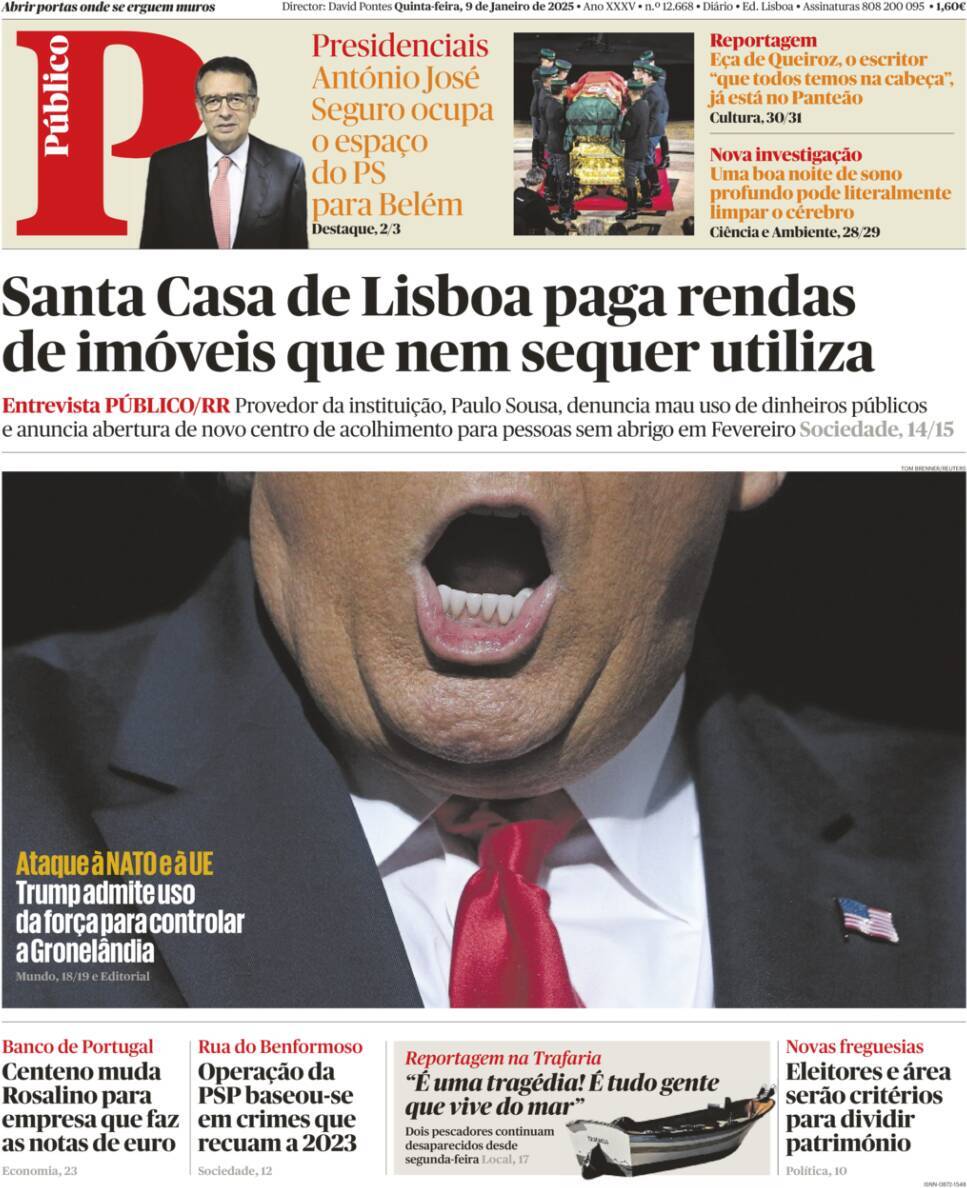 P&uacute;blico: Capa da Edi&ccedil;&atilde;o de quinta-feira, 09 de janeiro 2025