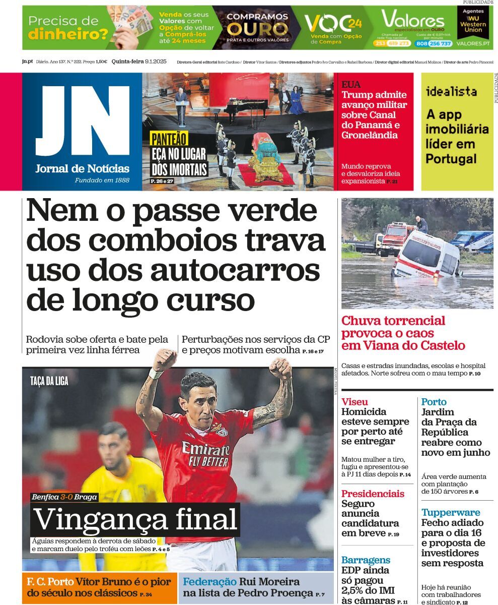 Jornal de Not&iacute;cias: Capa da Edi&ccedil;&atilde;o de quinta-feira, 09 de janeiro 2025