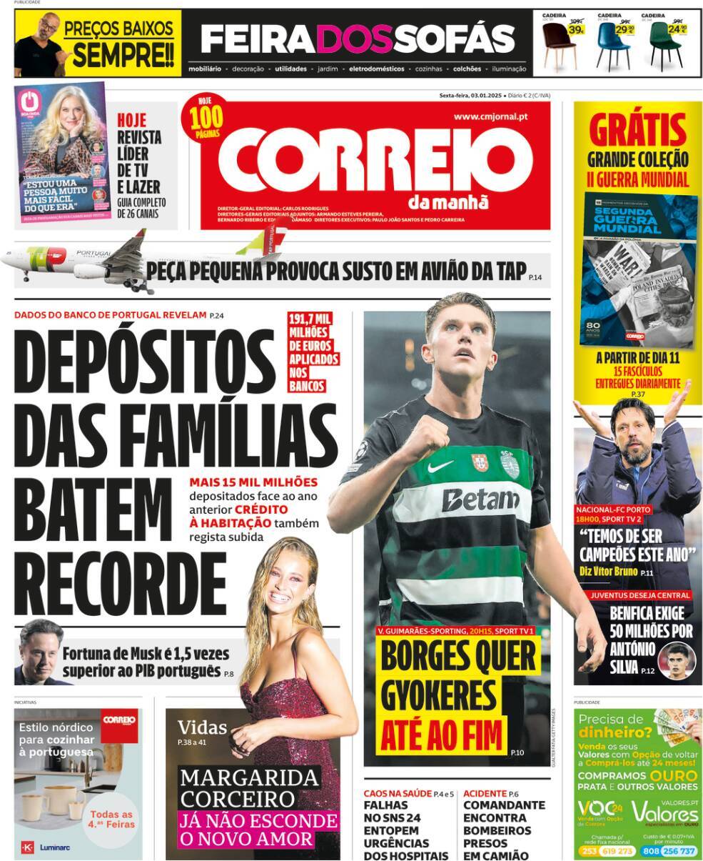 Correio da Manh&atilde;: Capa da Edi&ccedil;&atilde;o de sexta-feira, 03 de janeiro 2025