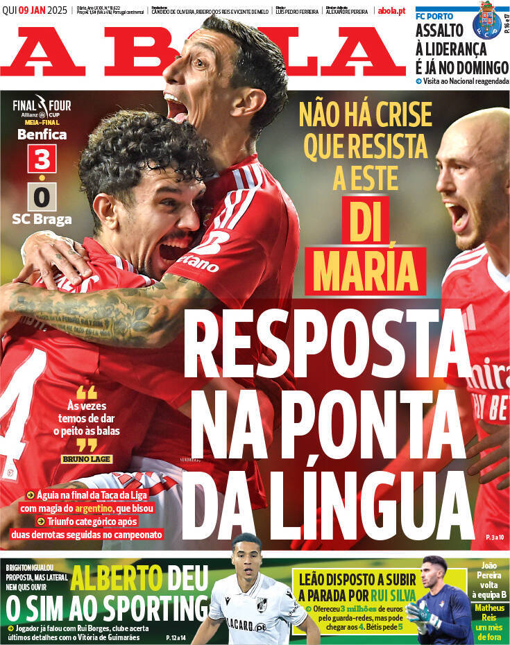 A Bola: Capa da Edi&ccedil;&atilde;o de quinta-feira, 09 de janeiro 2025