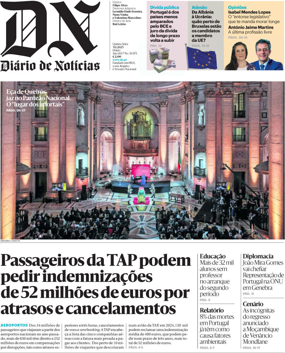 Di&aacute;rio de Not&iacute;cias: Capa da Edi&ccedil;&atilde;o de quinta-feira, 09 de janeiro 2025
