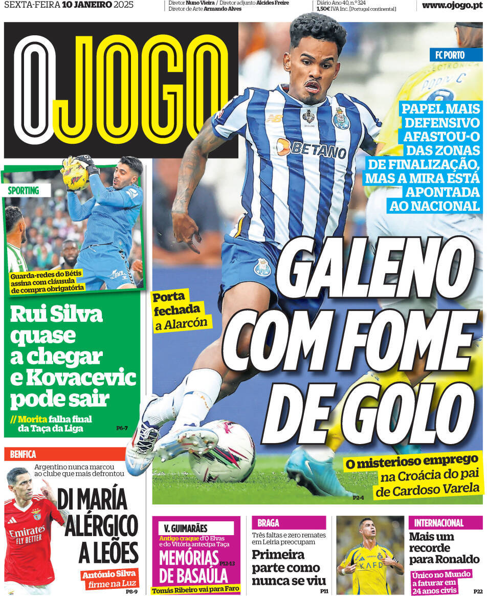 O Jogo: Capa da Edi&ccedil;&atilde;o de sexta-feira, 10 de janeiro 2025