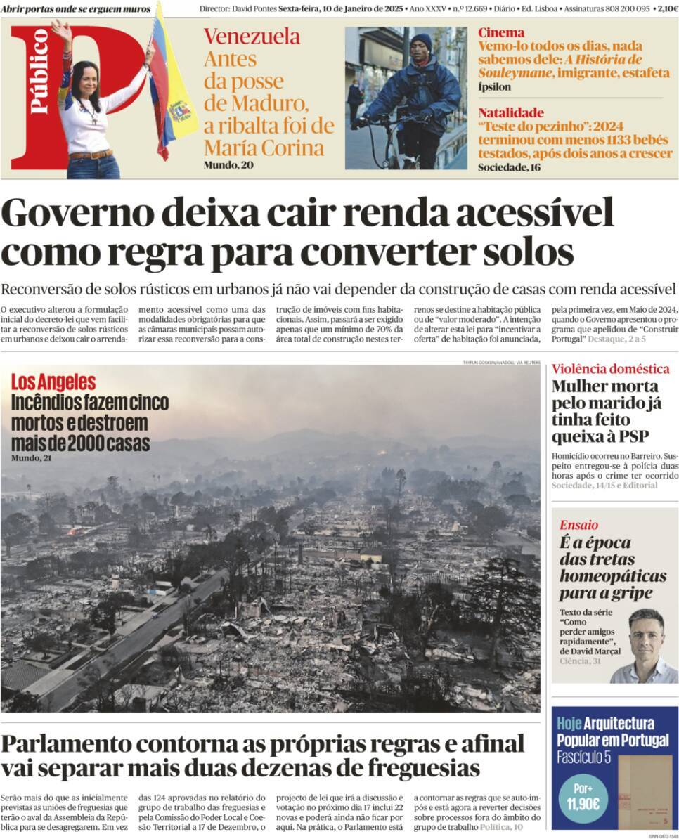 P&uacute;blico: Capa da Edi&ccedil;&atilde;o de sexta-feira, 10 de janeiro 2025