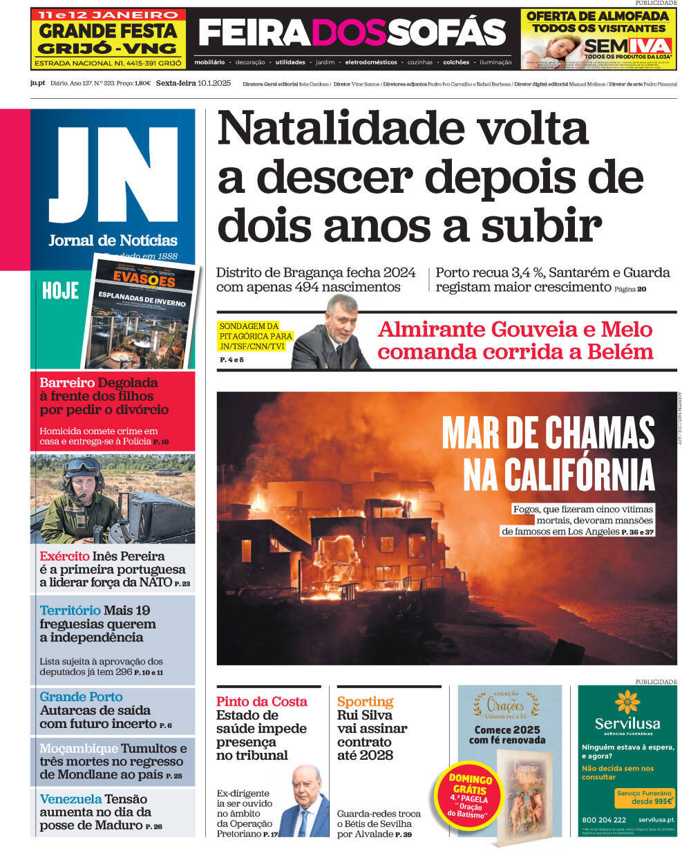 Jornal de Not&iacute;cias: Capa da Edi&ccedil;&atilde;o de sexta-feira, 10 de janeiro 2025