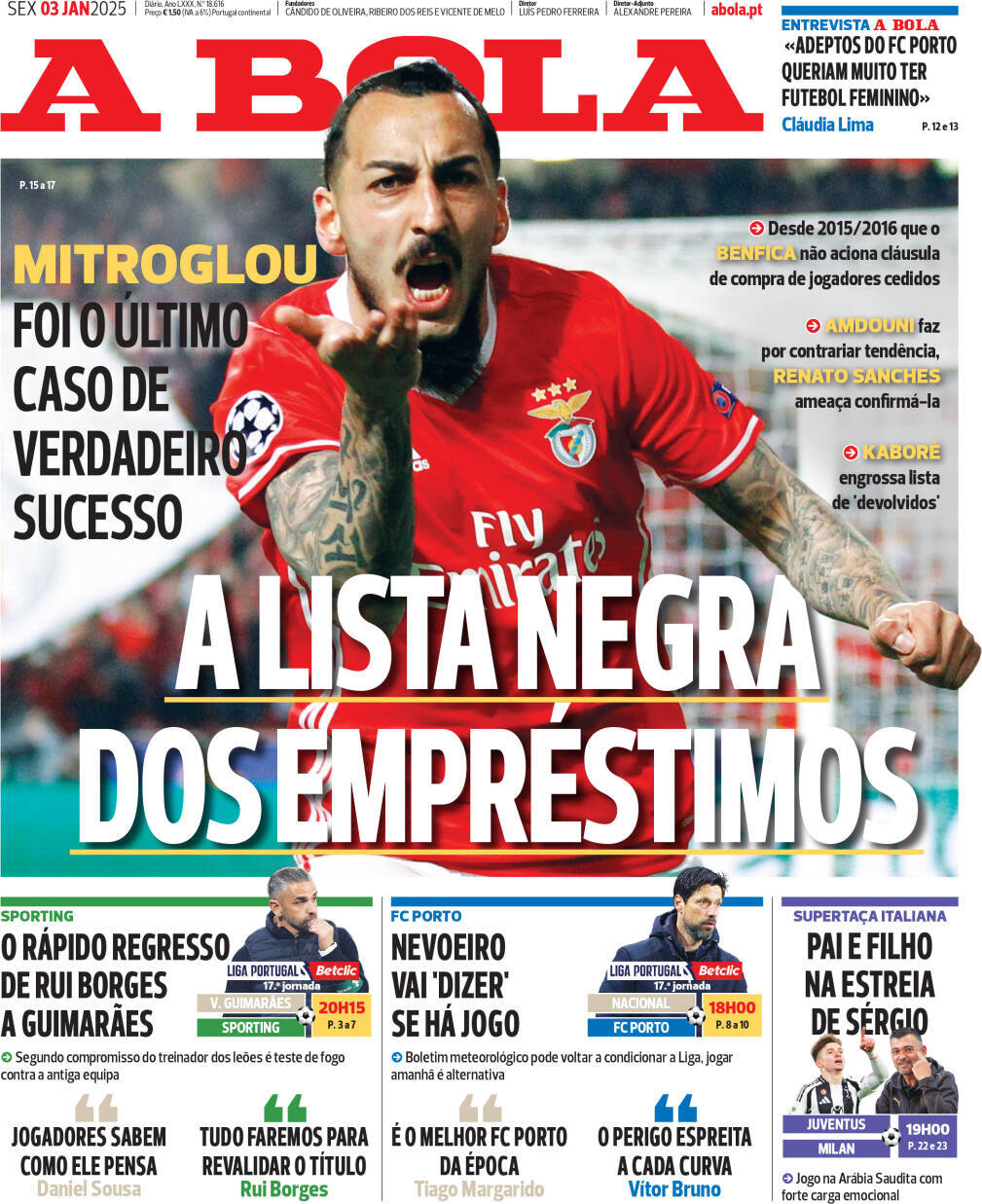 A Bola: Capa da Edi&ccedil;&atilde;o de sexta-feira, 03 de janeiro 2025